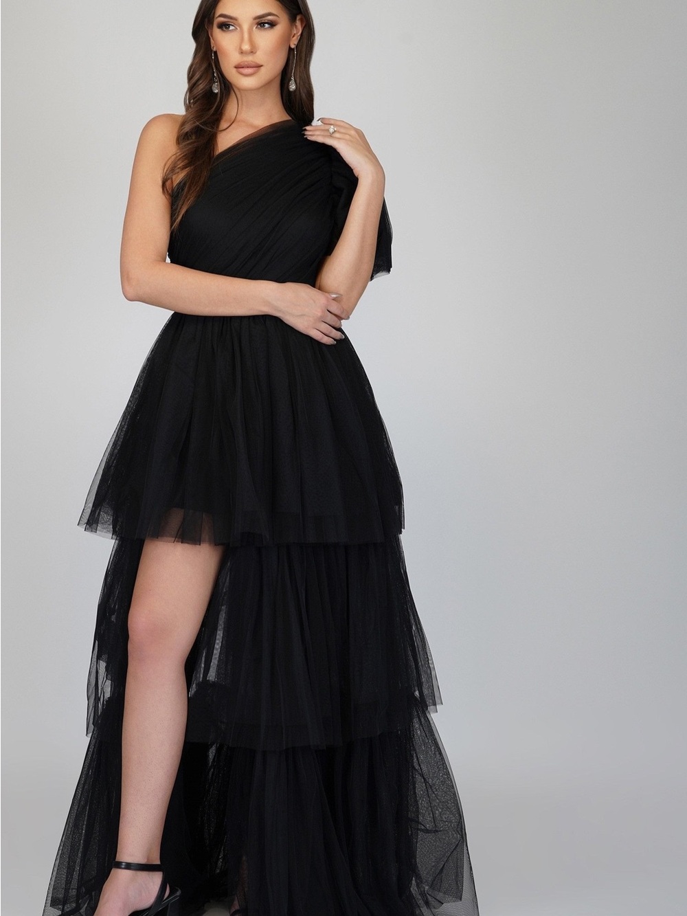 Asymmetric One-Shoulder Black Tulle Tiered Evening Dress Formal Goth Gown Glam - Picture 6 of 8
